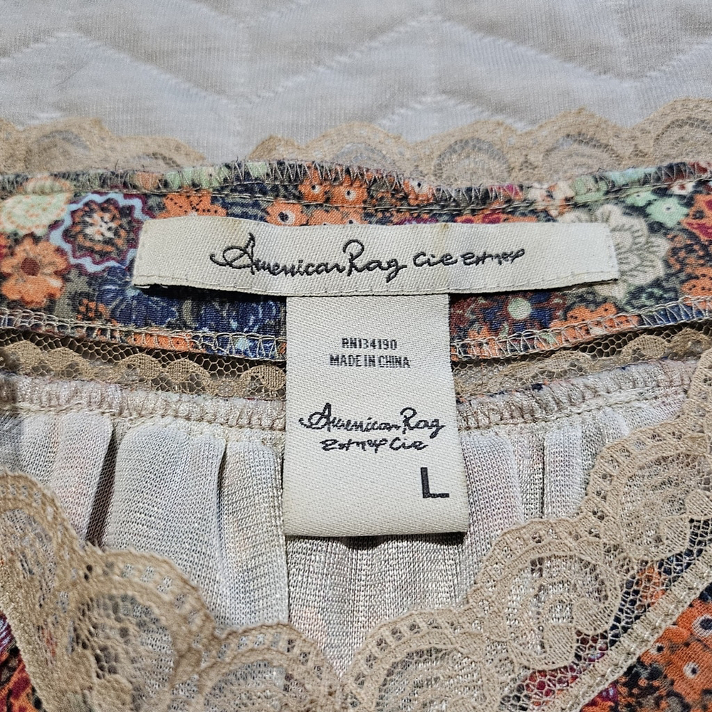 American Rag Babydoll Boho Smocked Lace Cottagecore Bloomcore Dress Size L - Picture 10 of 16